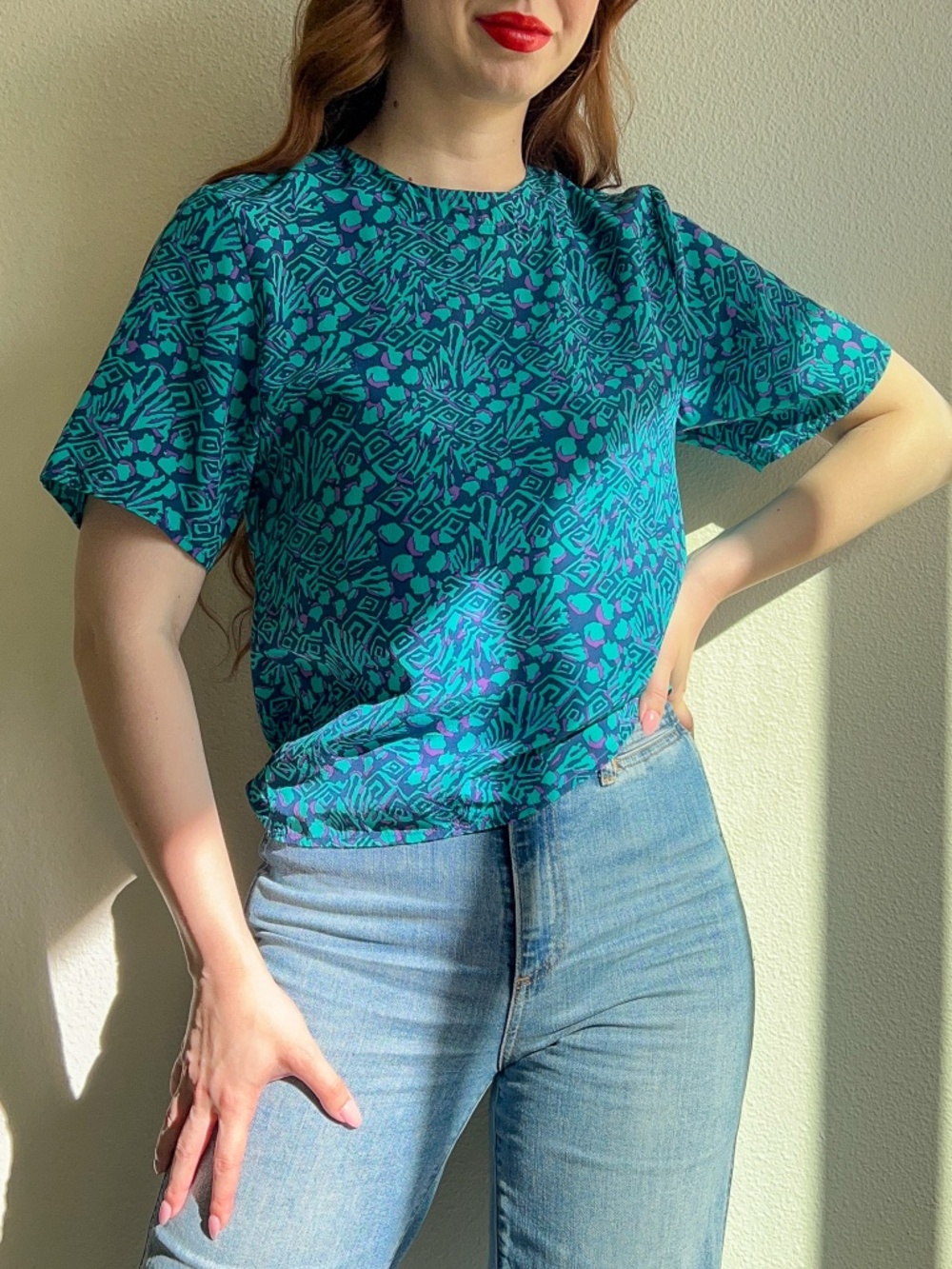 Vintage 1980s Blue and Turquoise Print Silk Top (S/M)